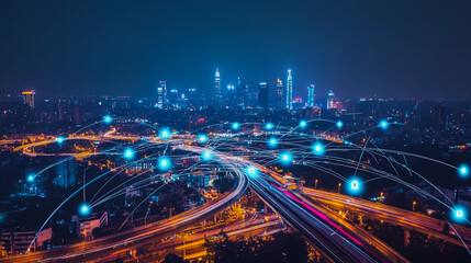 Obraz premium Smart digital Innovation city with connection network reciprocity over the cityscape. of future smart wireless city and social media networking systems that connects business people with in city