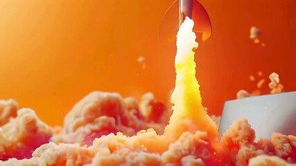 Rocket launching smoke and fire emmision with a laptop web boosting concept