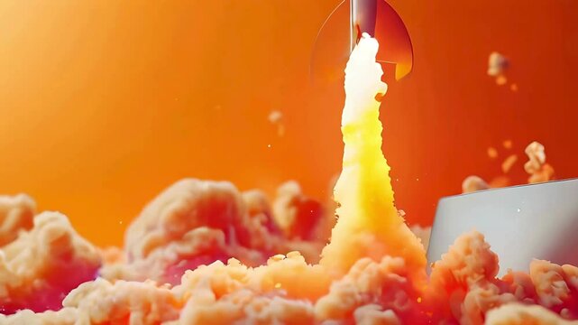 Rocket launching smoke and fire emmision with a laptop web boosting concept