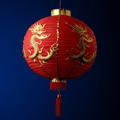 Obraz premium Festive Red Dragon Lantern Hanging Against Dark Blue Background