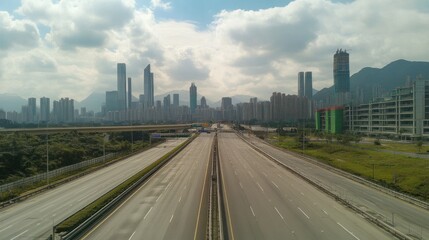 Fototapeta premium Empty Highway Leading to Modern City Skyline Under Cloudy Sky
