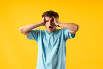 Young person expressing various emotions and body pains, pointing, using a cellphone, with colored backgrounds and wearing shirts of different colors