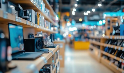 A retail display showcasing various electronic devices and gadgets in a tech store.