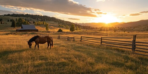 A serene landscape at sunset featuring a horse grazing near a barn and wooden fence.