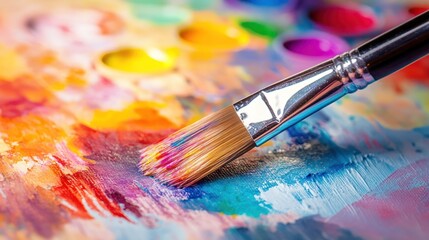 Obraz premium A close-up of a paintbrush on a colorful palette, showcasing vibrant hues for artistic creation.