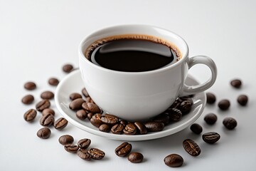Fototapeta premium A white cup of black coffee sits on a saucer surrounded by coffee beans on a white background.