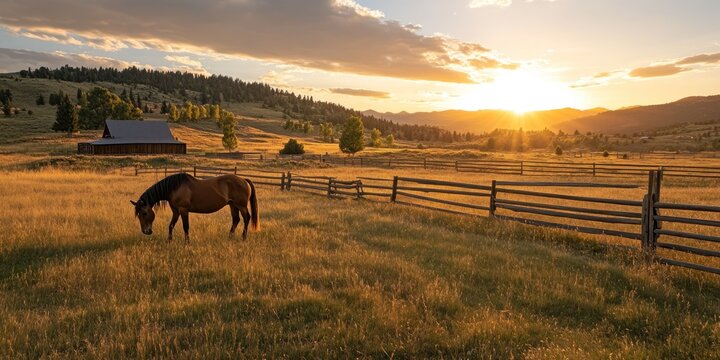 A serene landscape at sunset featuring a horse grazing near a barn and wooden fence.