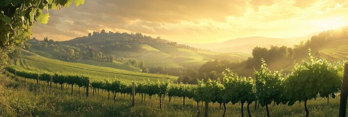 Obraz premium Serene vineyard landscape at sunset, showcasing rolling hills and lush grapevines.