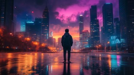 Obraz premium Silhouette of a man standing alone in the middle of a cityscape, looking out over the skyline with a neon, colorful glow