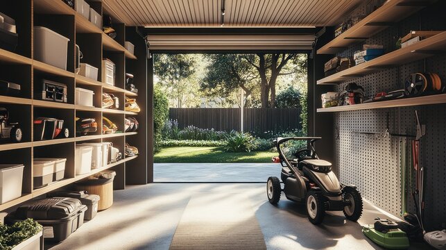 A tidy garage with tools and a lawnmower, leading to a lush garden outside.