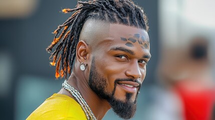 Stylish male model with short locs and shaved pattern urban street fashion photography outdoor setting close-up view contemporary style for maximum seo impact