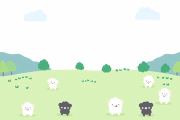Cute Cartoon Sheep in Pastoral Landscape with Trees and Clouds