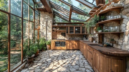 Fototapeta premium Sunlit rustic kitchen in stone and wood conservatory.
