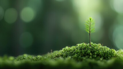 Fototapeta premium Macro natural concept. A delicate sprout emerging from lush green moss, symbolizing growth and renewal.