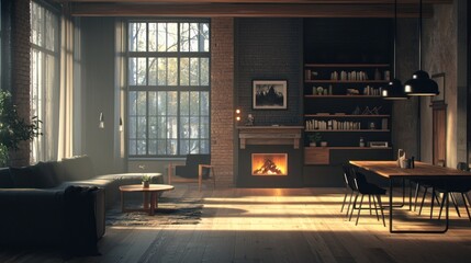 Cozy interior with a fireplace, large windows, and modern furniture in warm lighting.