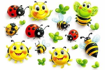 Obraz premium Playful Cartoon Insects and Smiling Bees on Bright Background