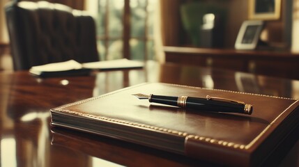 A close-up of a leather-bound notebook and a fountain pen on a polished desk.