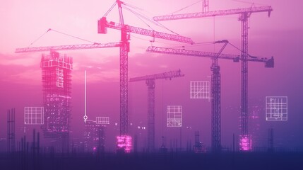 Construction site with cranes and digital overlays in a vibrant sunset atmosphere.