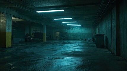 Fototapeta premium A dimly lit parking garage with wet floors and ambient blue lighting.