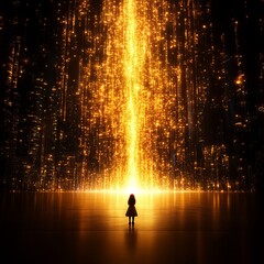 Fototapeta premium Girl Silhouetted Before a Golden Data Stream
