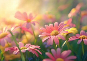 Fototapeta premium A Beautiful Close-Up of Pink Daisies in a Colorful Floral Meadow at Sunrise with Soft Focus and Warm Light Creating a Peaceful Atmosphere