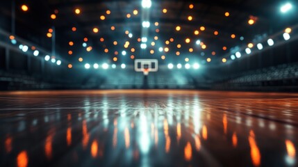 Obraz premium A basketball court illuminated with bright lights, showcasing its polished wooden floor.