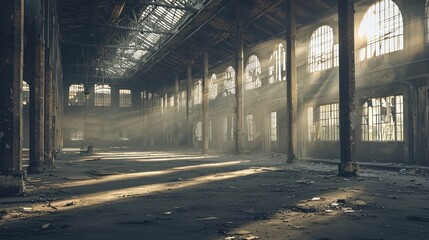 Fototapeta premium An abandoned industrial space with sunlight streaming through dusty windows.