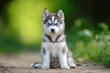 Obraz premium A cute husky puppy sitting on a path surrounded by greenery.