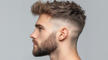 Obraz premium Showcasing trendy undercut hairstyle with sharp lines and natural standard in urban settings hair styling guide contemporary environment side profile view modern aesthetic appeal