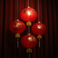 Glowing Red Lanterns Hanging Against Dark Red Curtain