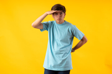 Young person expressing various emotions and body pains, pointing, using a cellphone, with colored...