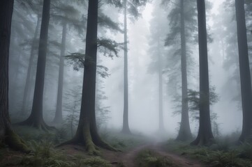 Fototapeta premium Misty forest path with tall trees and moss.