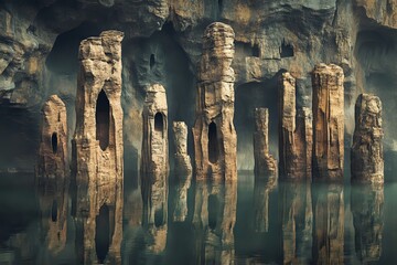 Mysterious Stone Pillars Rise from Submerged Cave, Reflecting in Still Waters, Creating an Eerie Fantasy Landscape