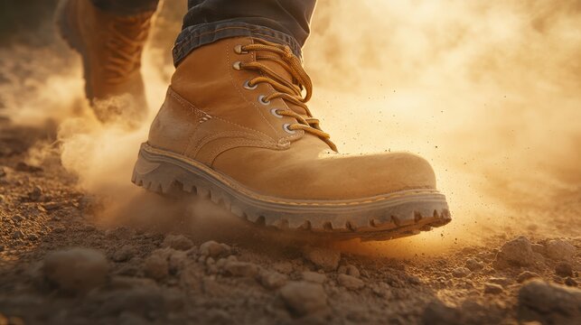 Tan work boots kicking up dust on dirt road. Ideal for adventure, travel, or construction themes.