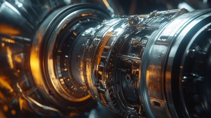 Detailed closeup of rocket engine turbo pump assembly in action