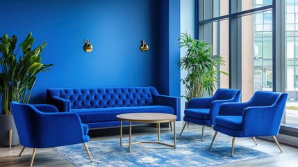 Modern Blue Living Room Interior Design with Luxurious Velvet Furniture and Large Windows