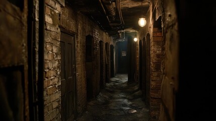 Fototapeta premium A dimly lit, narrow corridor with brick walls and doors, evoking a mysterious atmosphere.