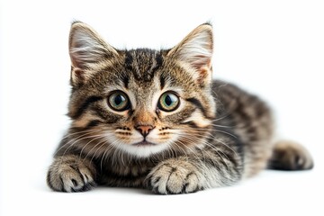 Adorable tabby kitten lying down, looking directly at camera on white background.