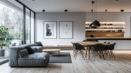 Fototapeta premium Modern living room and dining area with sleek furniture and natural light.