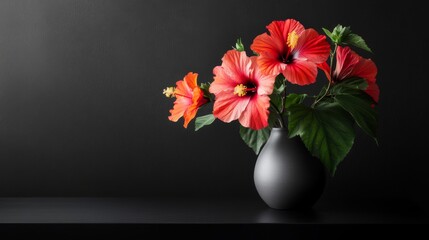A bouquet of tropical hibiscus flowers in a modern ceramic vase on a white marble countertop, side view shot, Contemporary style © ArpPSIqee