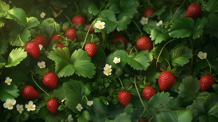 Obraz premium Strawberry Bush with Ripe Red Berries and Lush Green Leaves in Natural Garden