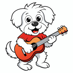 dog playing guitar on white Background