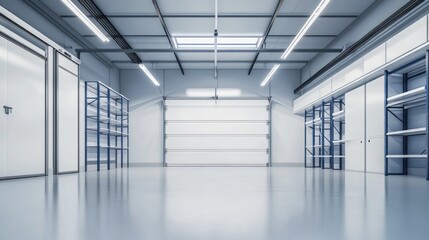 Fototapeta premium A spacious, well-lit storage area with shelving and cabinets for organization.