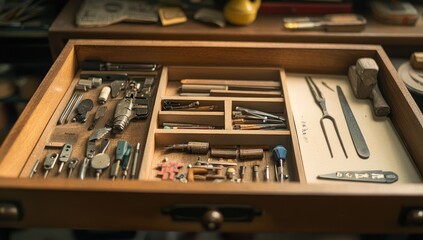 Naklejka premium A wooden drawer filled with various tools and instruments for crafting and repair work.