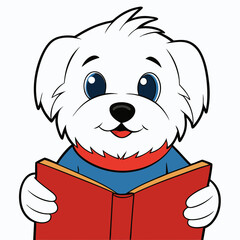 Maltese dog reading book on white background 