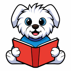 Maltese dog reading book on white background 
