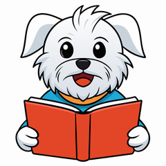 Maltese dog reading book on white background 
