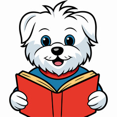 Maltese dog reading book on white background 