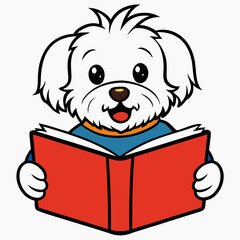 Maltese dog reading book on white background 
