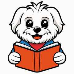 Maltese dog reading book on white background 